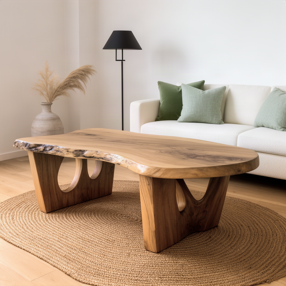 Pontara live edge wood coffee table in natural wood with slab top and sculpted cutout panel legs