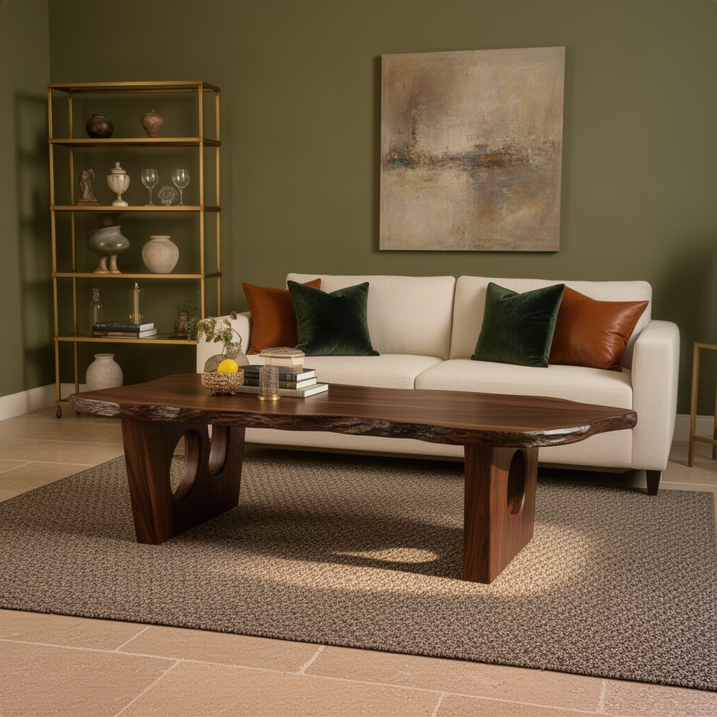Pontara live edge wood coffee table in walnut, an organic slab on two carved panel legs