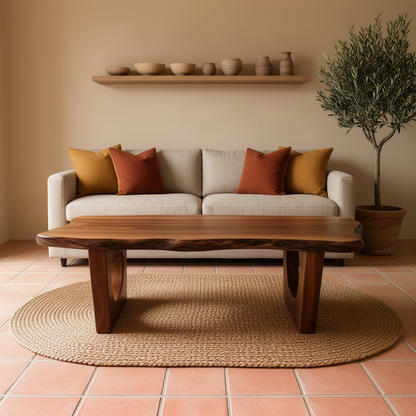 Pontara live edge wood coffee table in brown with free-form top and rounded leg cutouts