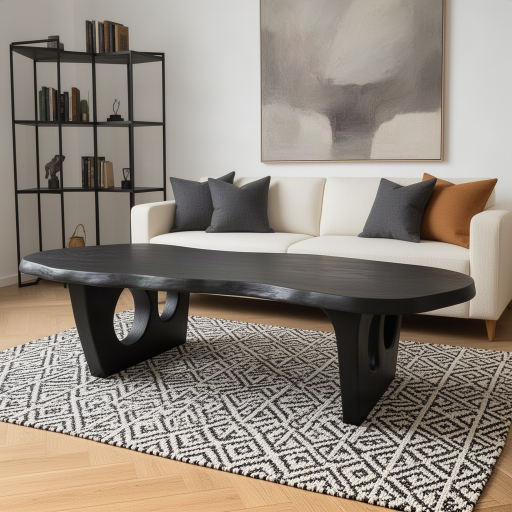 Pontara live edge wood coffee table in black on a patterned rug in front of a modern sofa