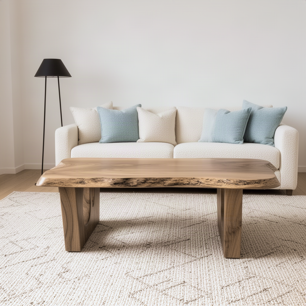 Pontara live edge coffee table styled with books and plants in a calm organic living room
