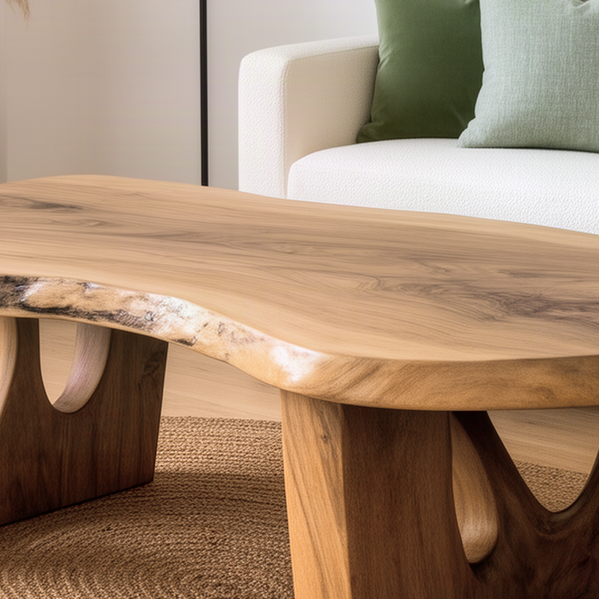 Close-up of the Pontara coffee table showing live edge slab, natural grain and carved panel leg