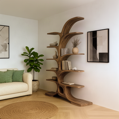 Elmspire sculptural wood bookshelf in natural finish, curving tree trunk with branch shelves in a bright living room