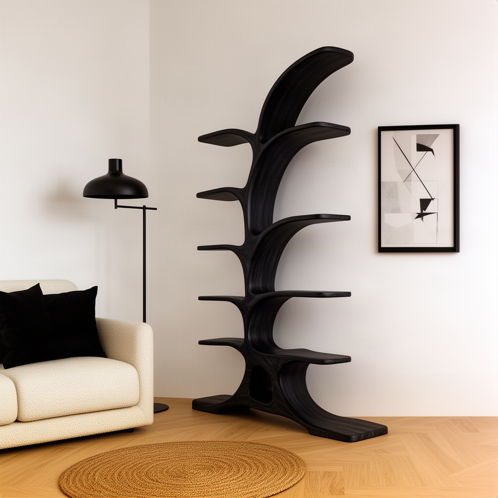 Elmspire sculptural wood bookshelf in black finish, modern tree branch bookcase beside a sofa in a minimalist room