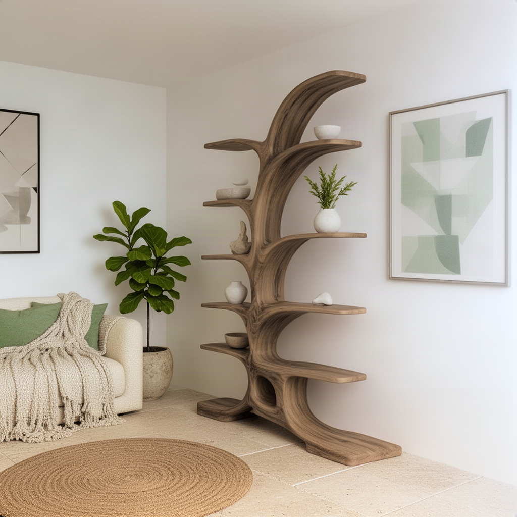 Elmspire tree bookshelf in a living room corner, natural wood trunk with staggered branch shelves for decor and plants