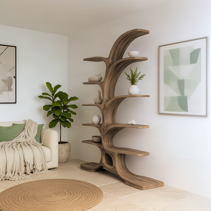 Elmspire tree bookshelf in a living room corner, natural wood trunk with staggered branch shelves for decor and plants