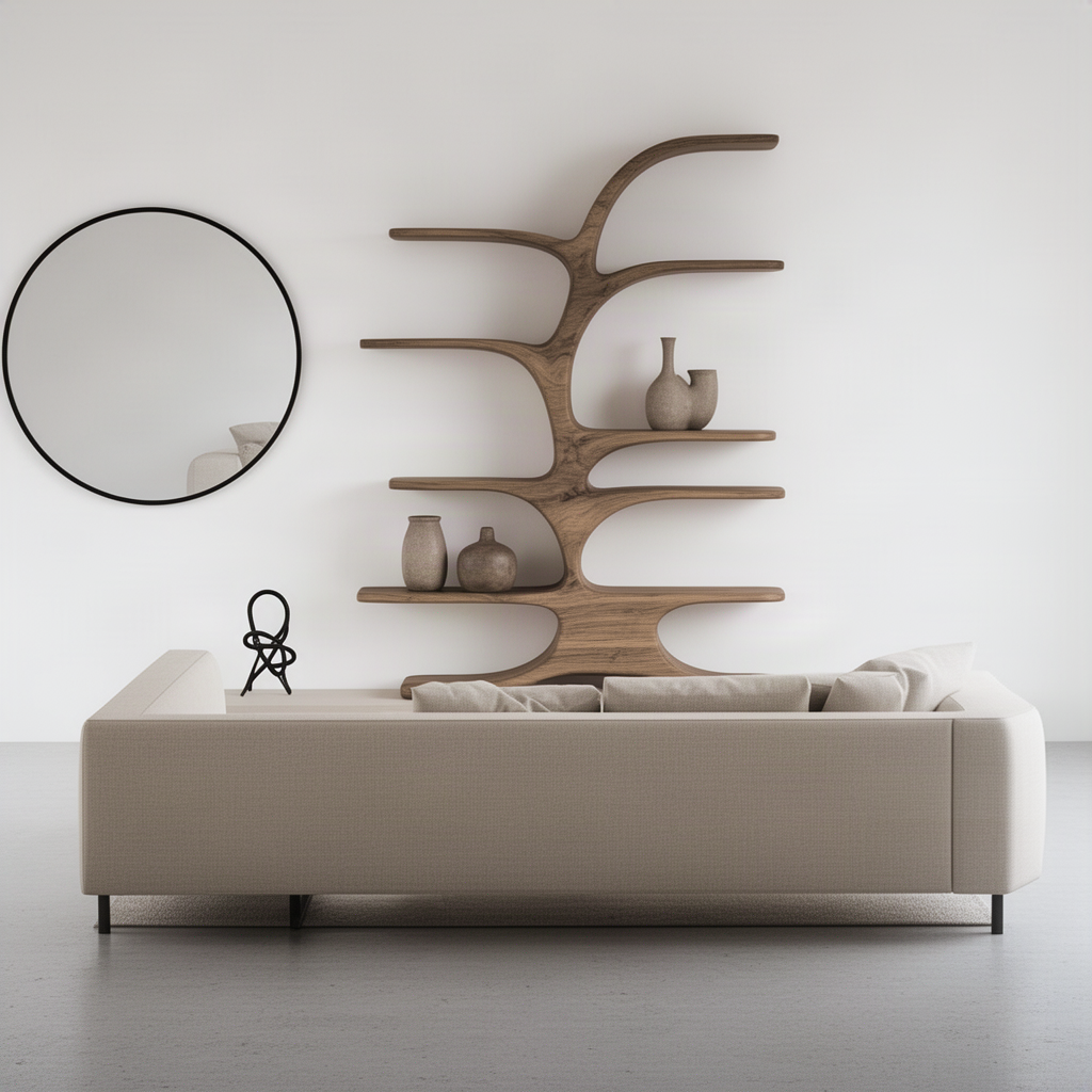 Elmspire sculptural tree bookshelf styled behind a sofa, natural wood branch shelves displaying ceramics and vases