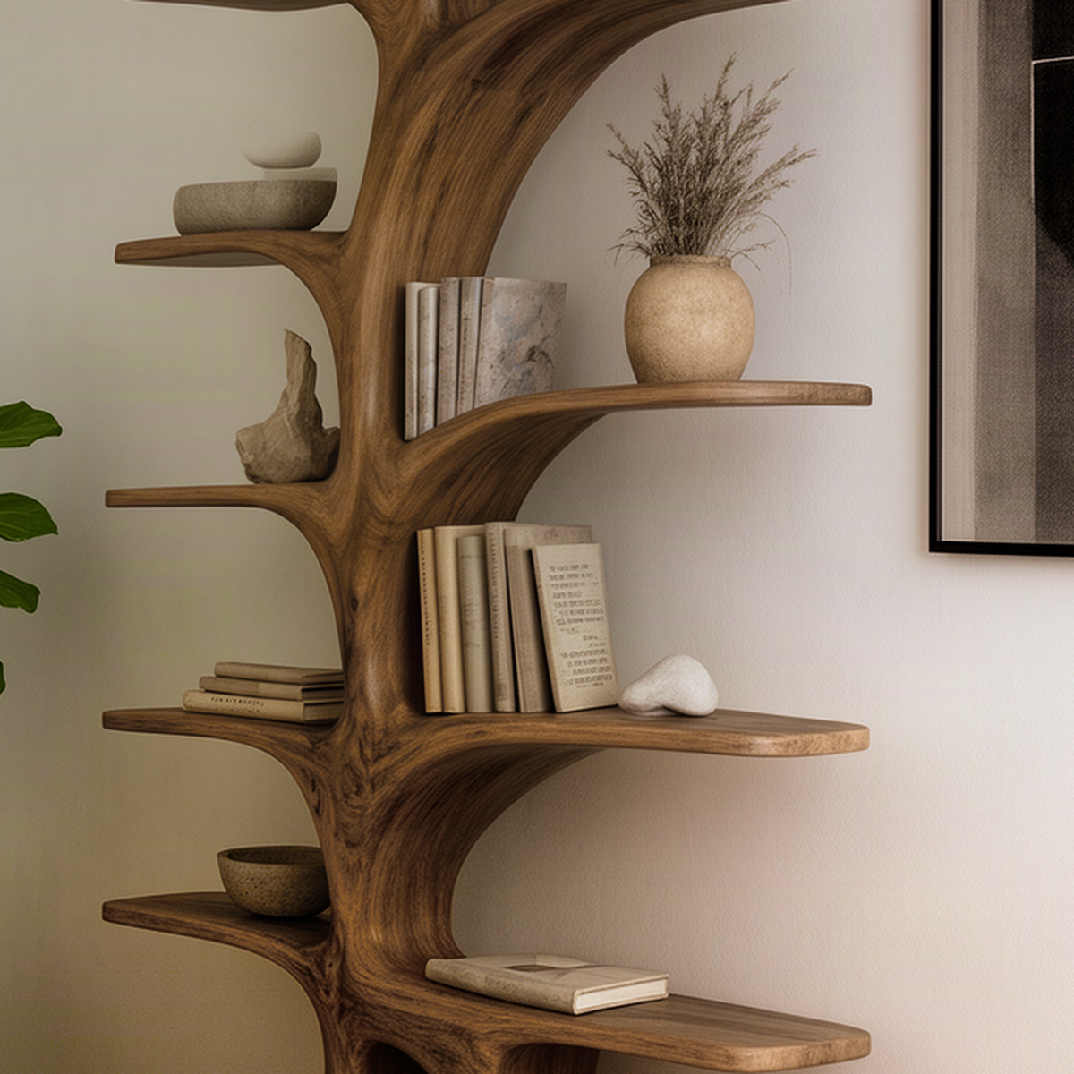 Close-up of Elmspire solid wood bookshelf showing hand-shaped branch shelves and natural wood grain detail