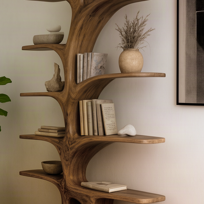 Close-up of Elmspire solid wood bookshelf showing hand-shaped branch shelves and natural wood grain detail