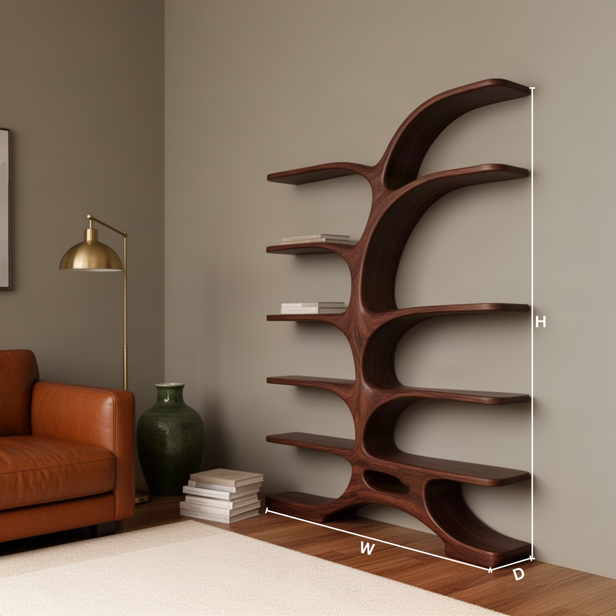 Elmspire sculptural wood tree bookshelf dimensions diagram showing height, width and depth for each size option