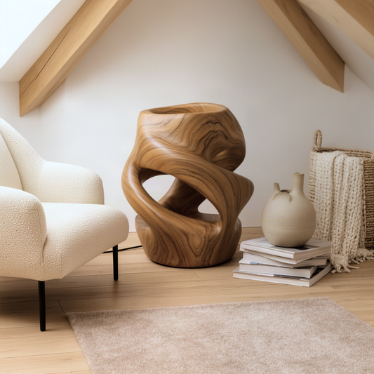 Vortina sculptural wood lamp in natural finish, twisting ribbon form with hollow top beside an armchair in a loft