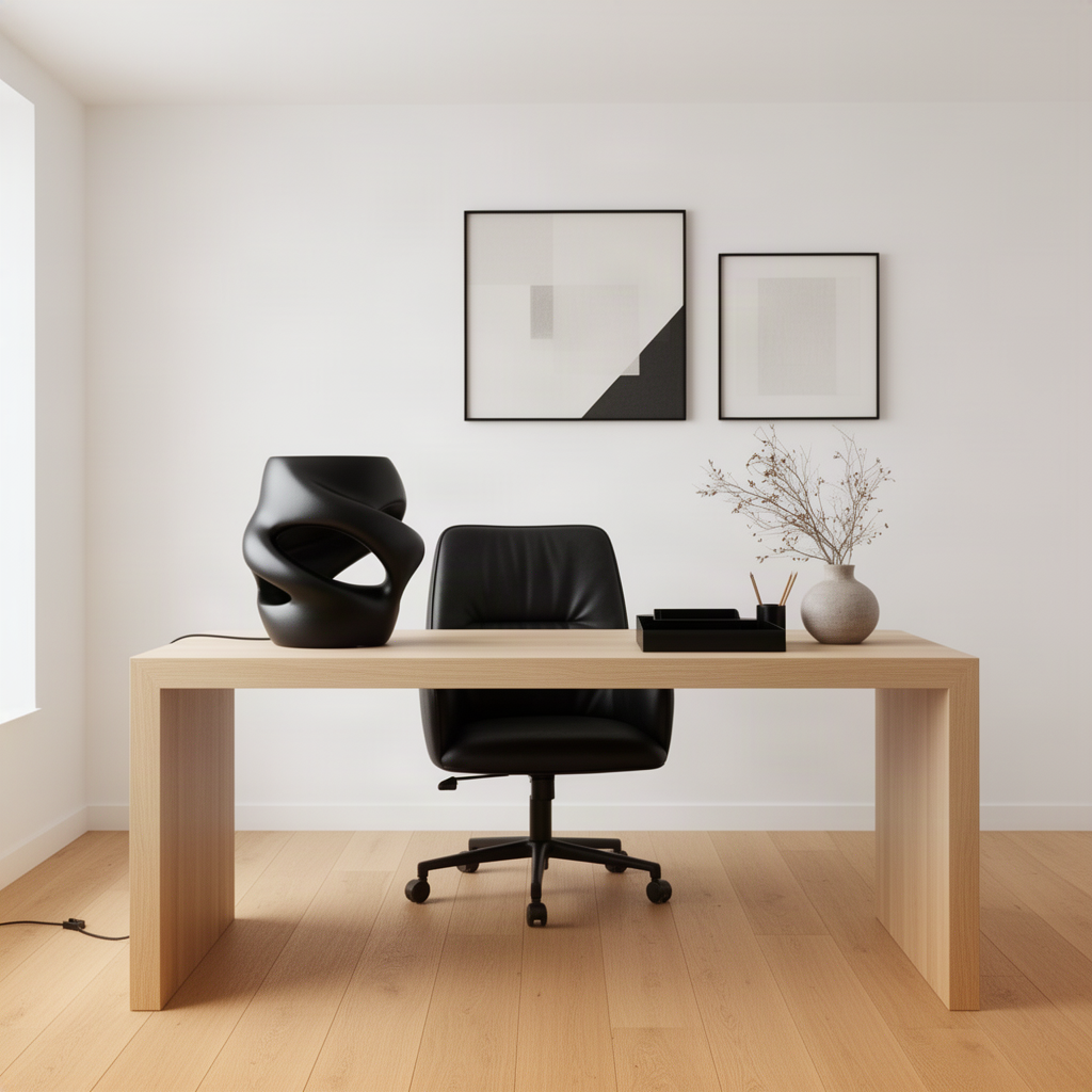 Vortina sculptural wood lamp in black finish, modern twisted ribbon table lamp on a wooden desk in a home office