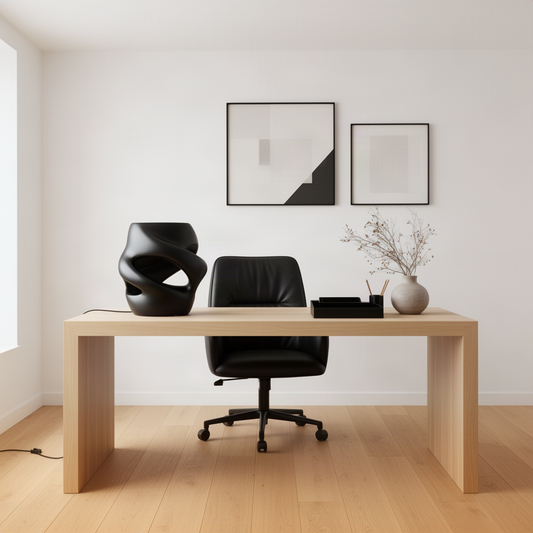Vortina sculptural wood lamp in black finish, modern twisted ribbon table lamp on a wooden desk in a home office