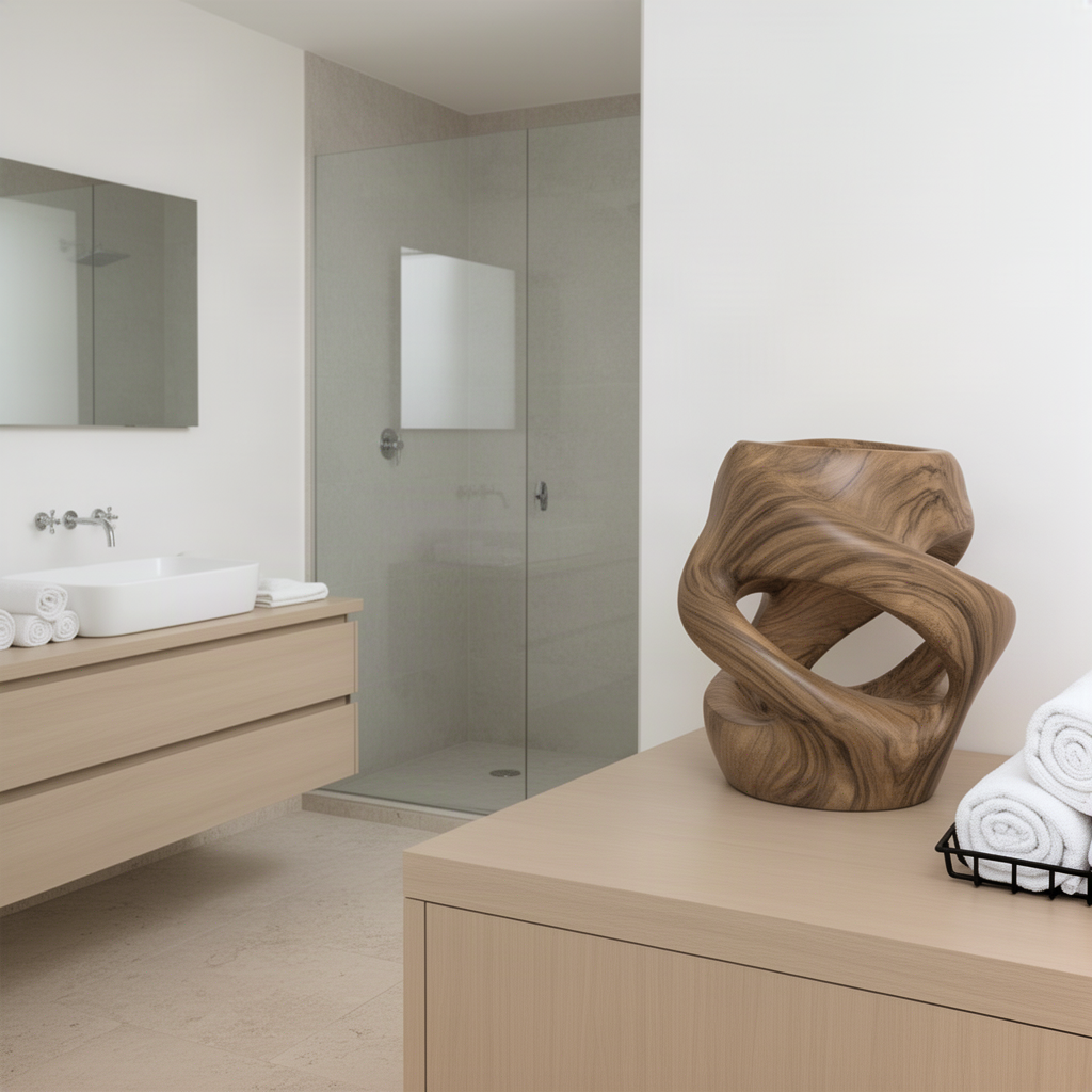 Vortina sculptural wood lamp on a bathroom counter, natural wood twisting ribbon form as a soft ambient light