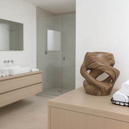 Vortina sculptural wood lamp on a bathroom counter, natural wood twisting ribbon form as a soft ambient light