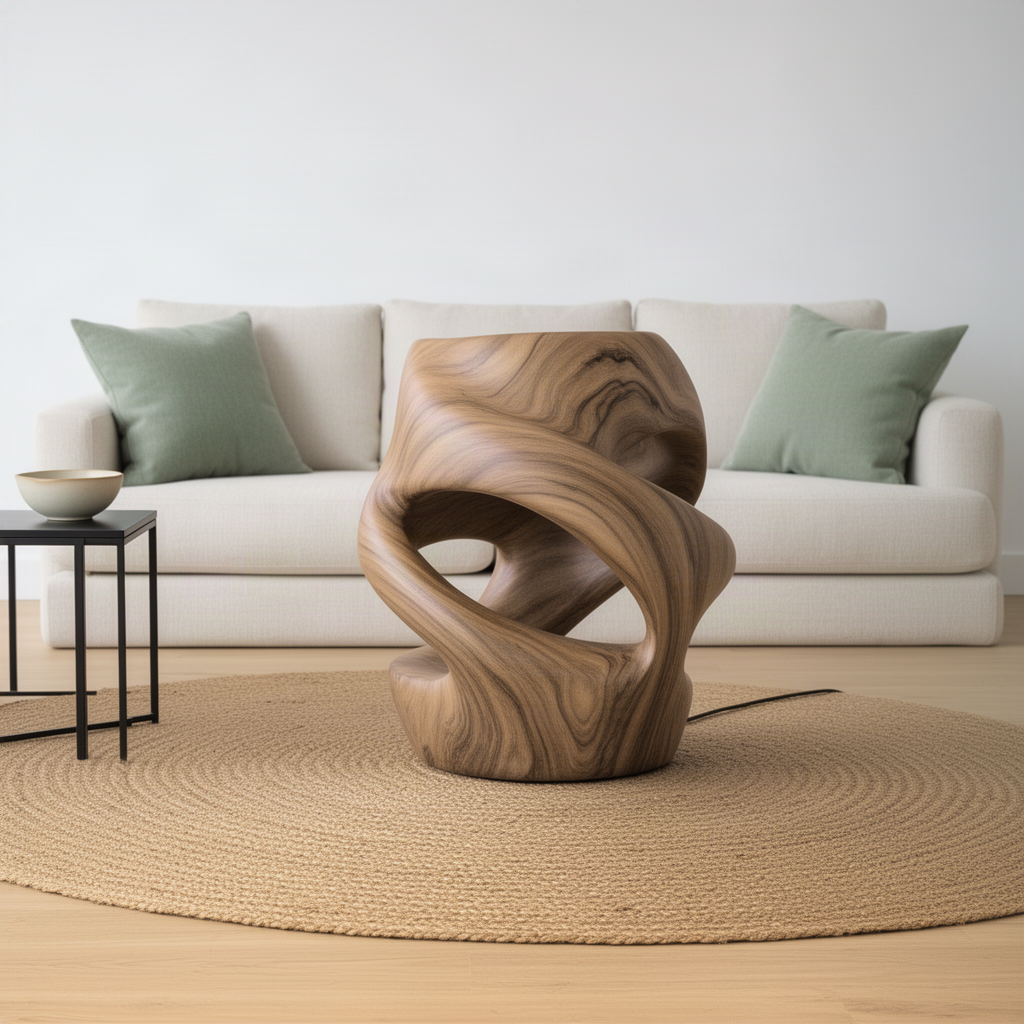 Vortina twisted wood lamp on the floor in front of a sofa, sculptural solid wood accent light in a living room