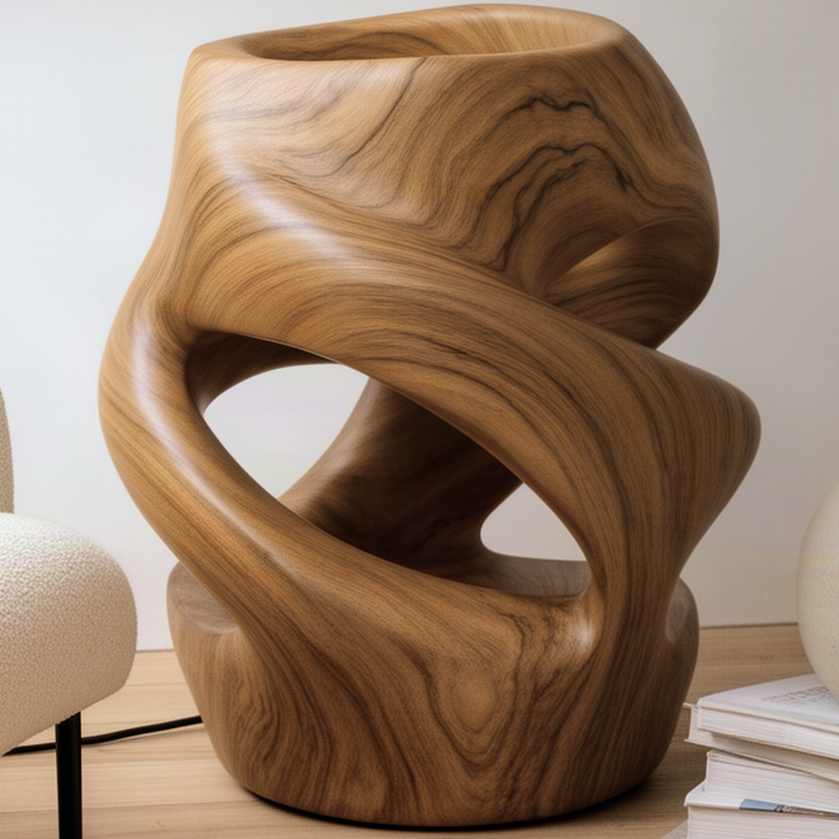 Close-up of the Vortina solid wood lamp showing hand-carved twisting loops and natural flowing wood grain