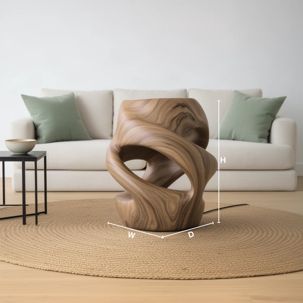 Vortina sculptural wood lamp dimensions diagram showing height, width and depth for each available size