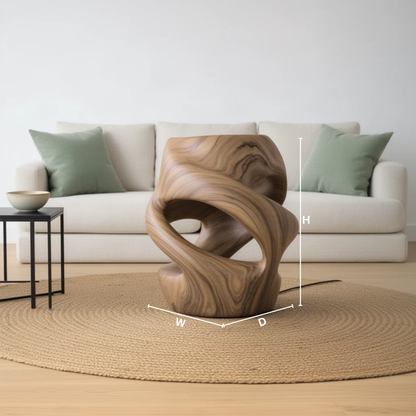 Vortina sculptural wood lamp dimensions diagram showing height, width and depth for each available size