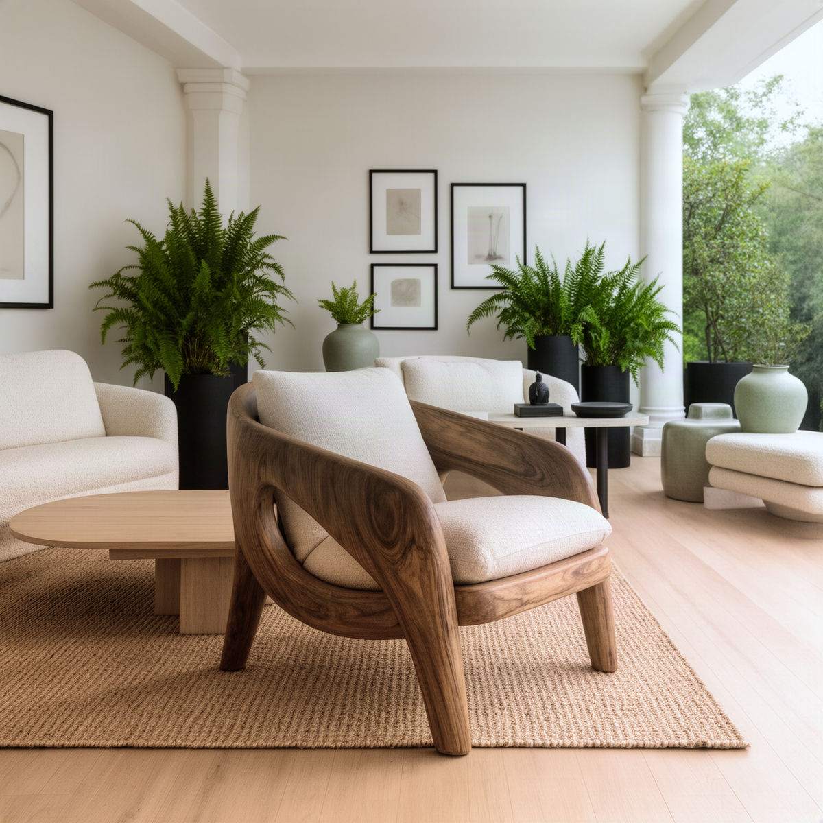 Arcwell sculptural wood lounge chair in natural finish, curved open loop arm frame with cream cushions in a living room