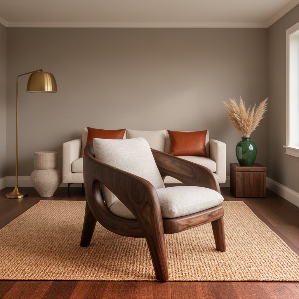 Arcwell sculptural wood lounge chair in walnut finish, wraparound solid wood frame and plush textured cushions