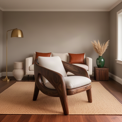 Arcwell sculptural wood lounge chair in walnut finish, wraparound solid wood frame and plush textured cushions