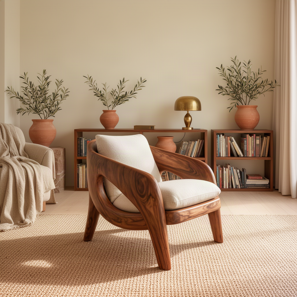 Arcwell sculptural wood lounge chair in brown finish, curved armchair with loop cut-outs as an accent seat