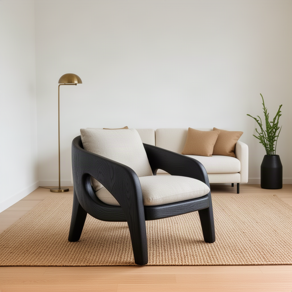 Arcwell sculptural wood lounge chair in black finish, modern curved armchair with cream cushions in a minimal room