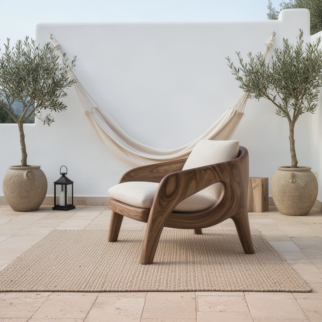 Arcwell sculptural lounge chair on a sunny Mediterranean terrace, natural wood curved frame with soft fabric cushions