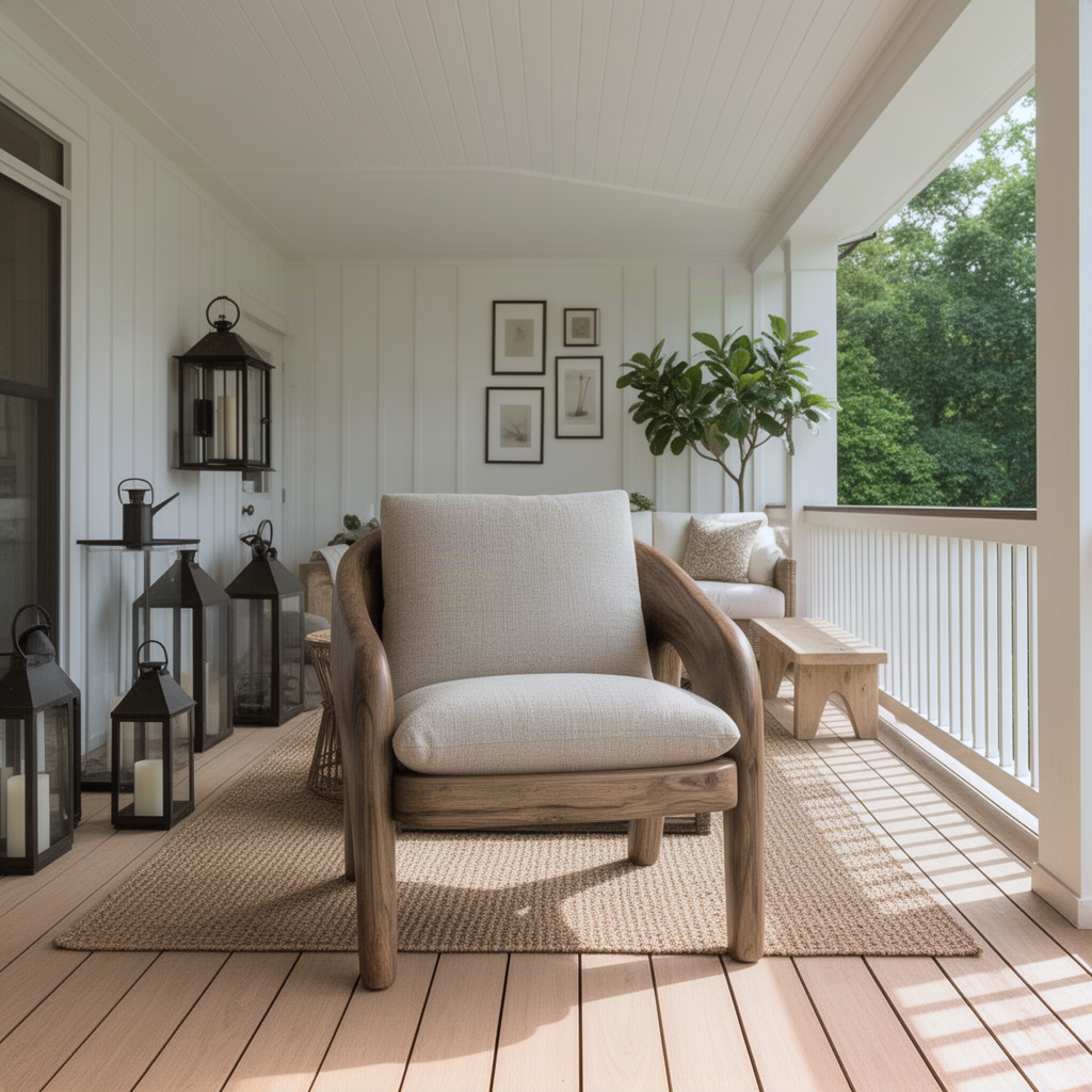 Arcwell sculptural wood lounge chair on a covered porch, natural wood frame with plush cushions for relaxed reading
