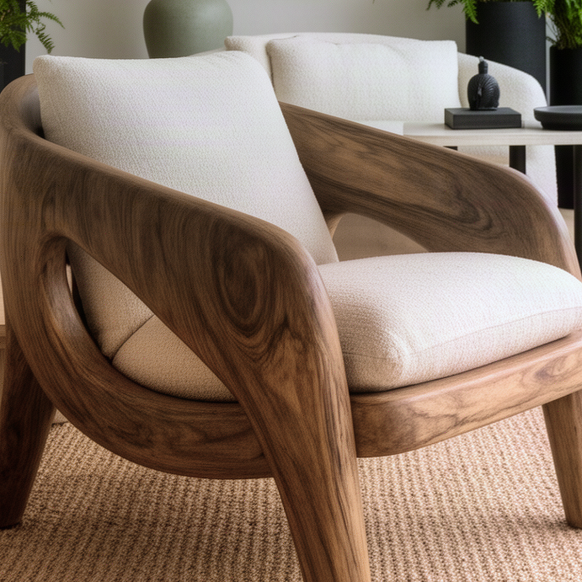 Close-up of the Arcwell lounge chair showing the hand-carved open loop arm and flowing solid wood grain detail
