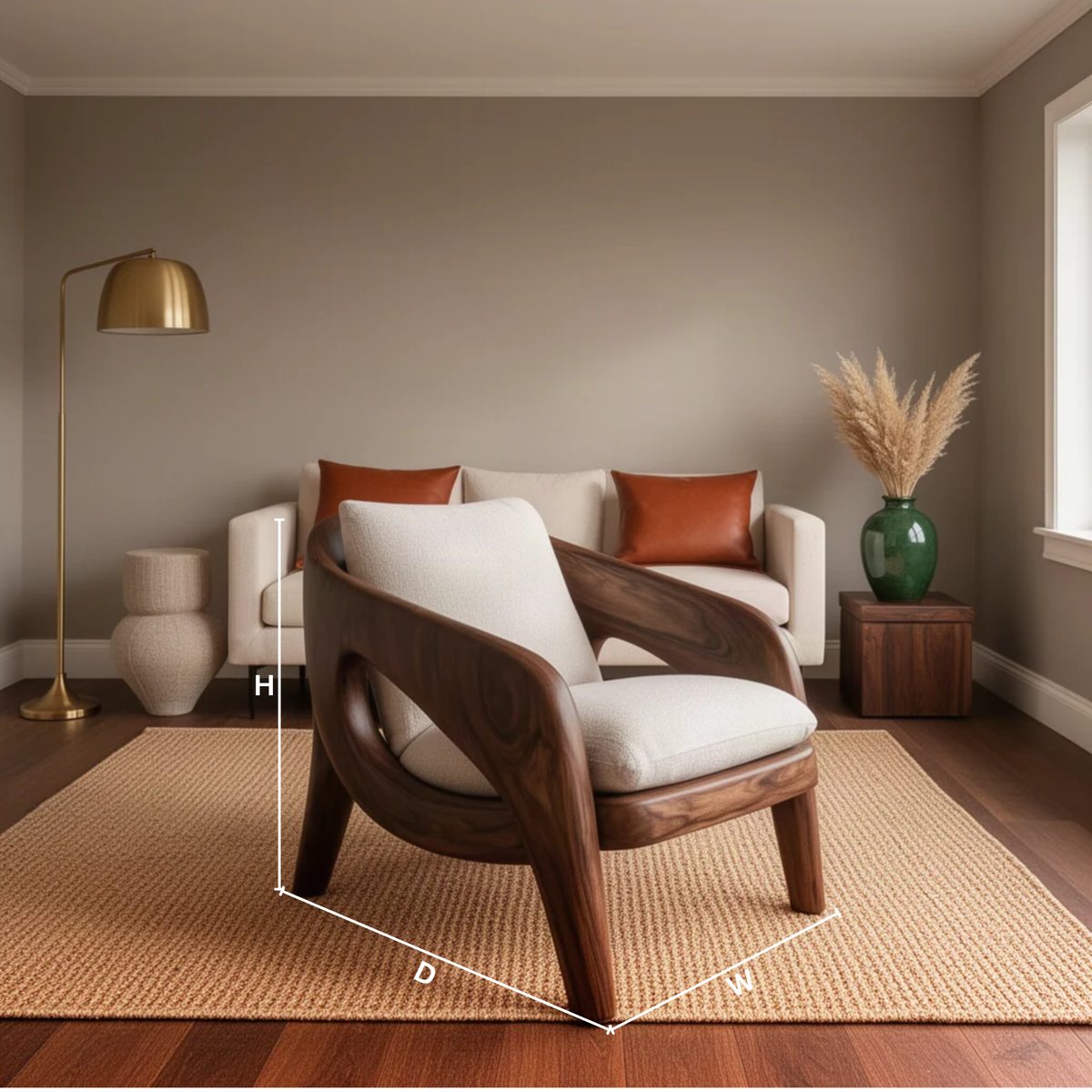 Arcwell sculptural wood lounge chair dimensions diagram showing height, width and depth for each size option