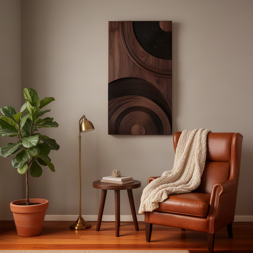 Ringara sculptural wood wall art in walnut finish, grooved ring relief panel above a leather armchair reading corner