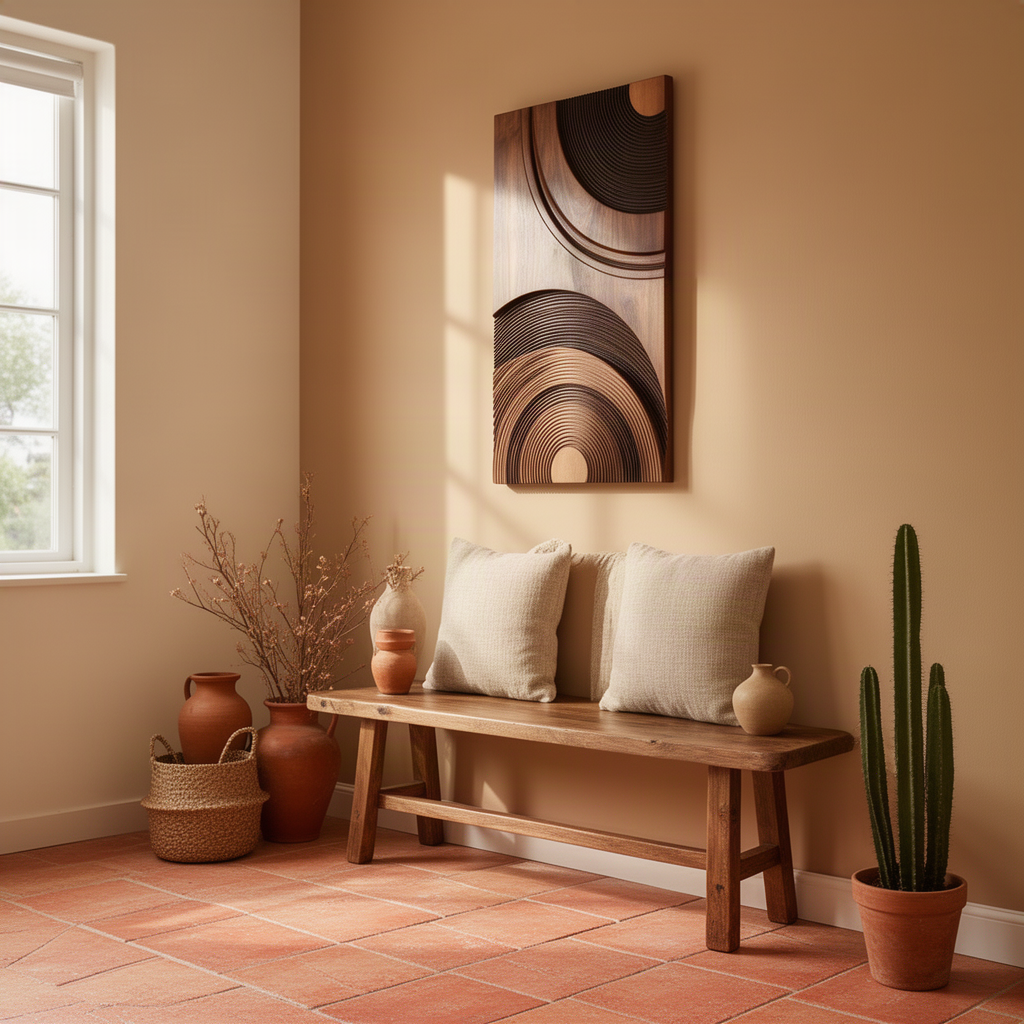 Ringara sculptural wood wall art in brown finish, concentric arc relief panel above a wooden bench in warm light