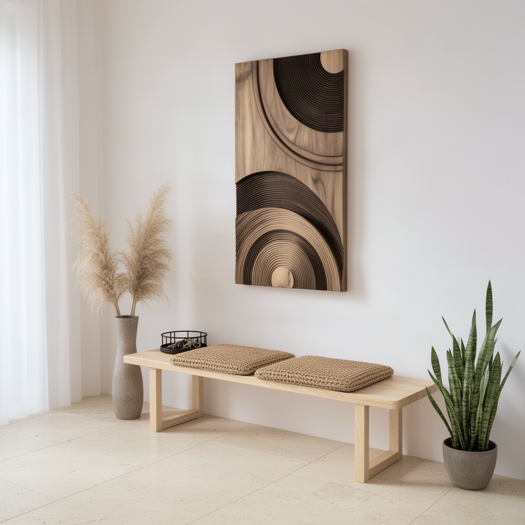 Ringara carved wood wall panel in a hallway above a bench, vertical concentric arc relief with natural wood grain
