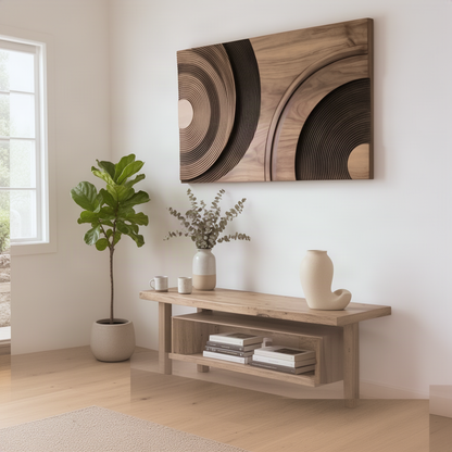 Ringara sculptural wood wall art hung horizontally above a console table, carved arc rings as statement wall decor