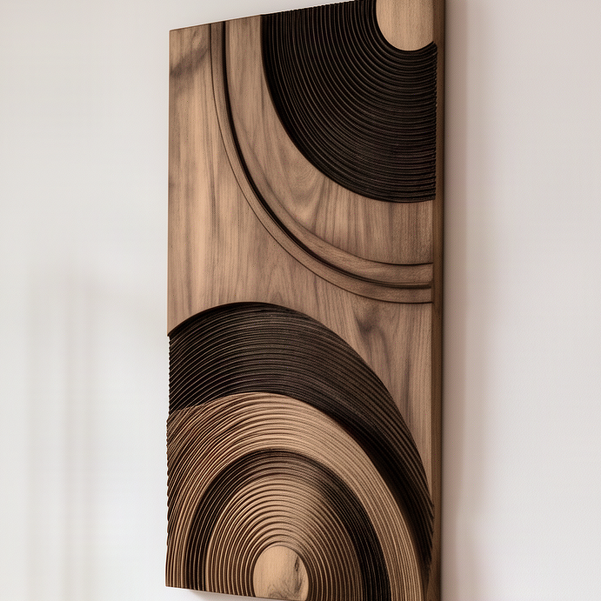 Close-up of the Ringara wall art showing finely carved concentric grooves and smooth solid wood bands in detail