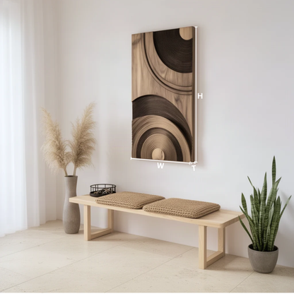 Ringara sculptural wood wall art dimensions diagram showing height, width and thickness of the relief panel
