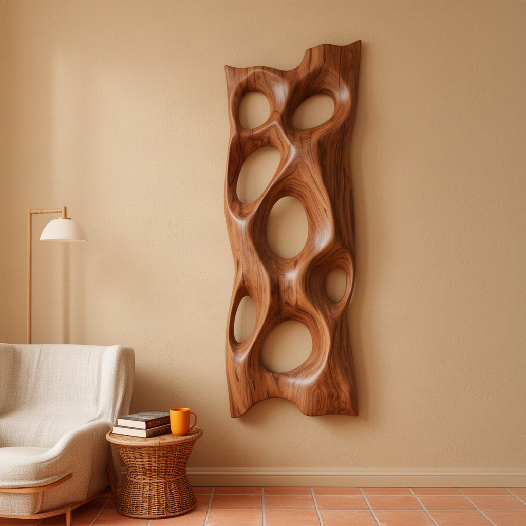 Porella sculptural wood wall art in brown finish, carved free-form relief with smooth oval openings in warm light