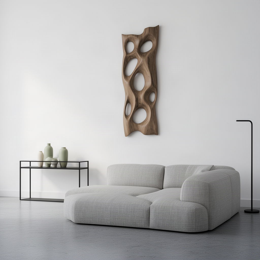 Porella organic wood wall sculpture seen at an angle above a grey sofa, tall carved panel with oval cut-throughs
