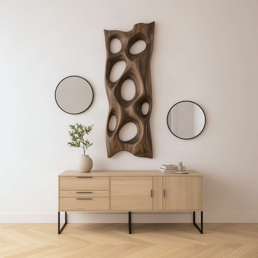 Porella sculptural wood wall art above a sideboard between round mirrors, a tall pierced panel as entryway decor