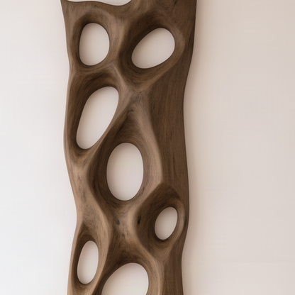 Close-up of the Porella wall art showing hand-carved oval openings, rounded scooped edges and flowing wood grain