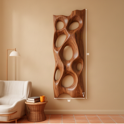 Porella sculptural wood wall art dimensions diagram showing height, width and thickness of the free-form panel