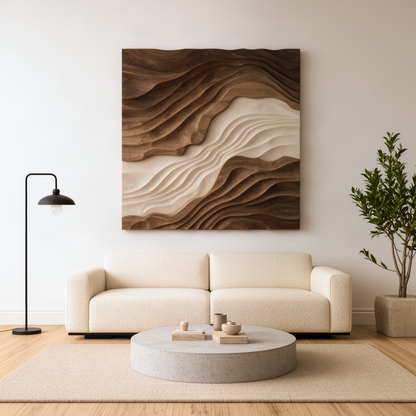 Sedora sculptural wood wall art in natural finish, square layered wave strata panel with cream river above a sofa