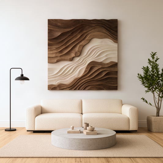 Sedora sculptural wood wall art in natural finish, square layered wave strata panel with cream river above a sofa