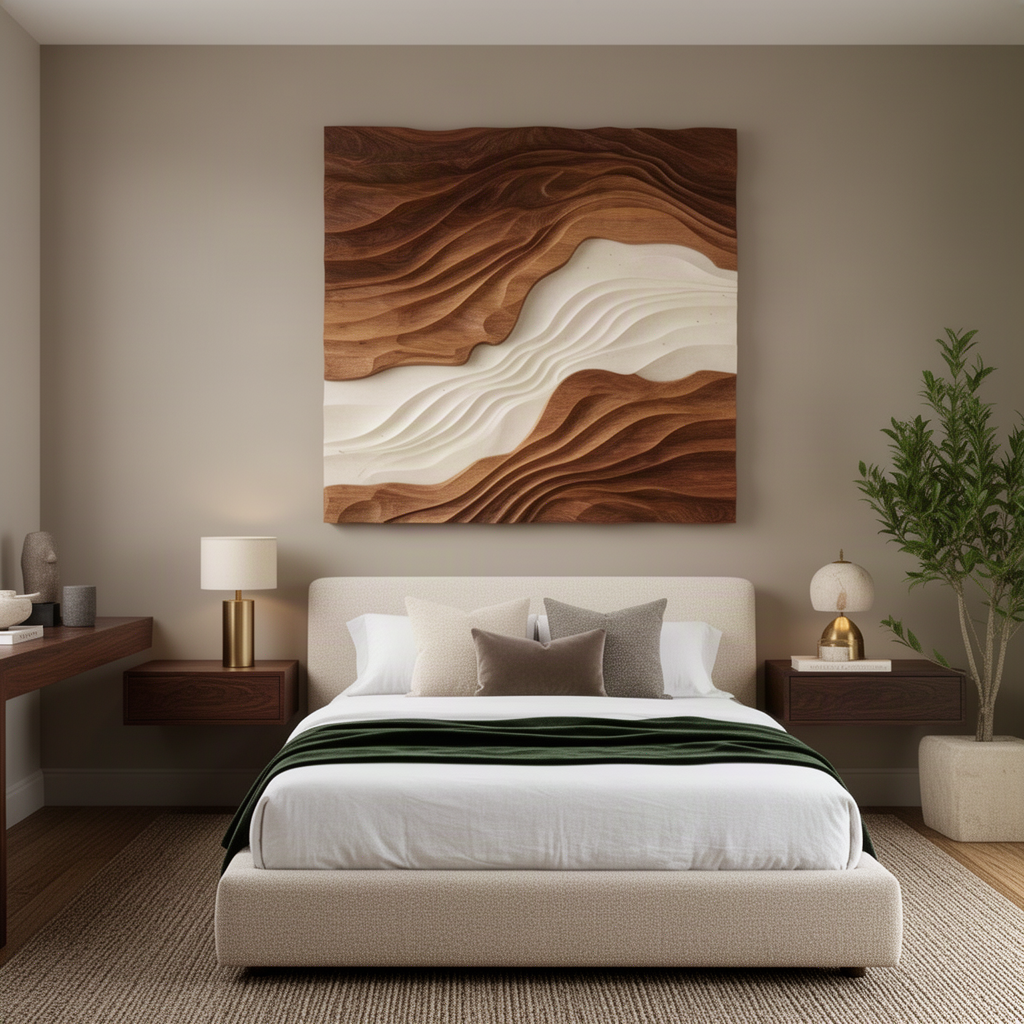 Sedora sculptural wood wall art in walnut finish, layered strata relief with cream river band above a bedroom bed