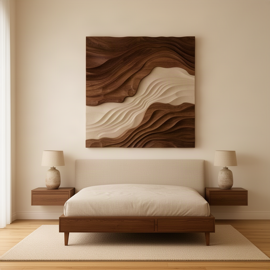 Sedora sculptural wood wall art in brown finish, rippled wood layers and light river band on a warm bedroom wall