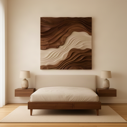 Sedora sculptural wood wall art in brown finish, rippled wood layers and light river band on a warm bedroom wall