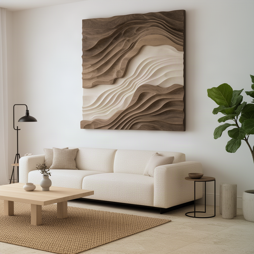 Sedora layered wood wall art seen at an angle above a sofa, showing the depth of the hand-shaped wave strata layers