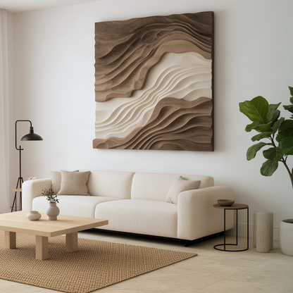Sedora layered wood wall art seen at an angle above a sofa, showing the depth of the hand-shaped wave strata layers